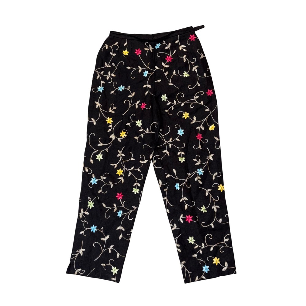 Talbots Petites Black Linen Floral Embroidered Pants Womens 4P Coastal grandma